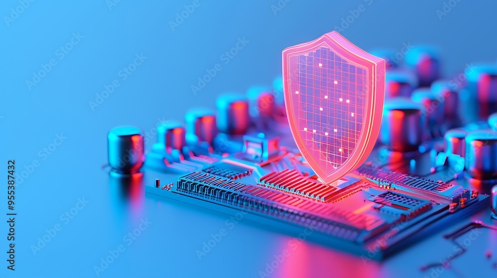 Aufkleber cybersecurity shield on a digital motherboard protecting data and information. concept of data secur