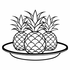 Three Pineapples on a Plate - line Art Vector Illustration