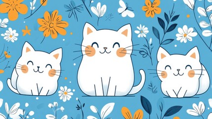 Light blue with crayon lines, smiling cats, flowers, and butterfly