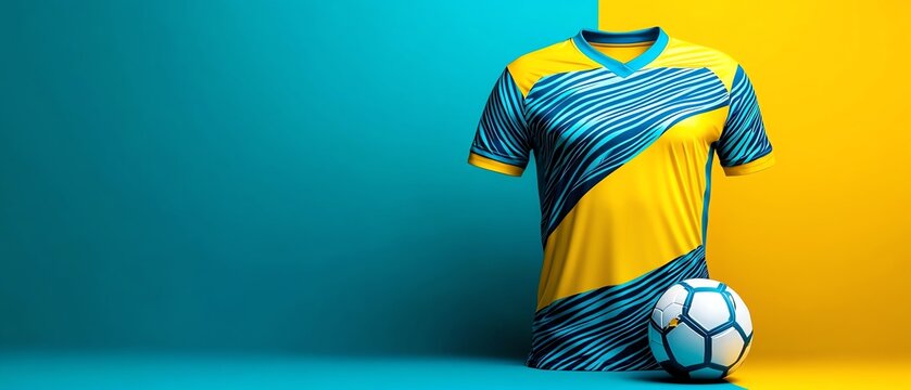 Bright soccer jersey with dynamic patterns and a classic ball, perfect for sports-themed projects and promotional materials.