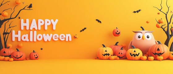Fototapeta premium Happy Halloween banner template design with pumpkins, trees, and an owl on a yellow background. 