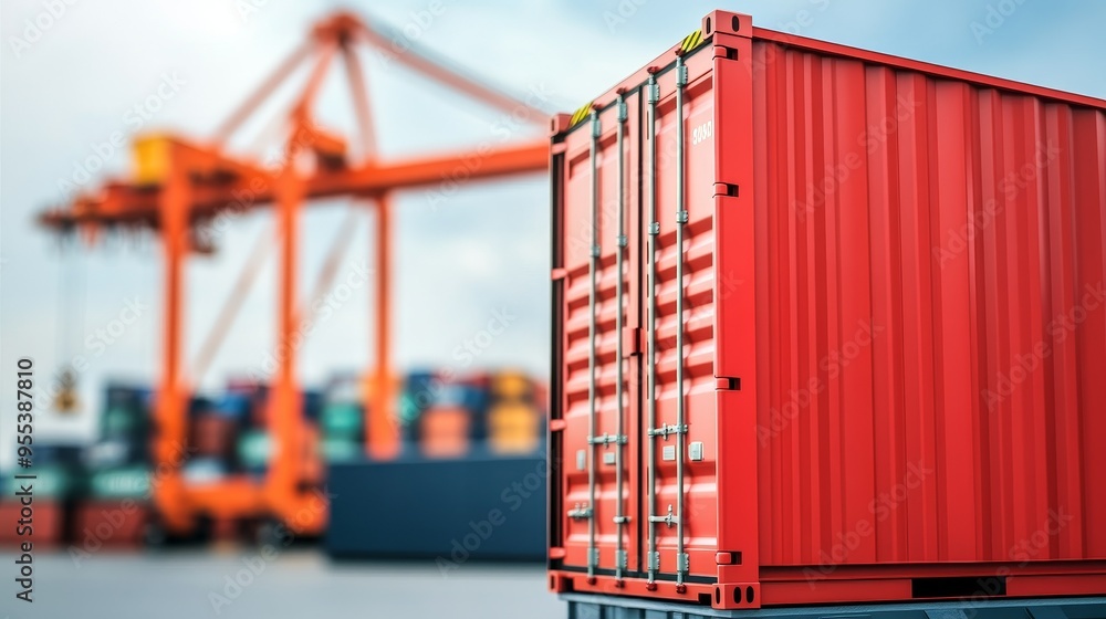 Poster a red shipping container in a port with a crane and other containers in the background.