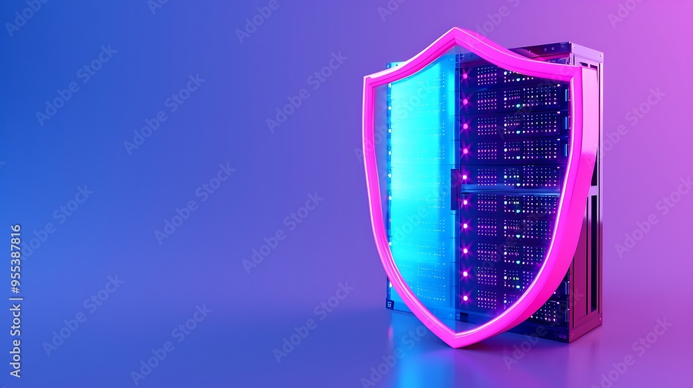 Poster cybersecurity shield protecting server rack, symbolizing secure data storage and network protection.