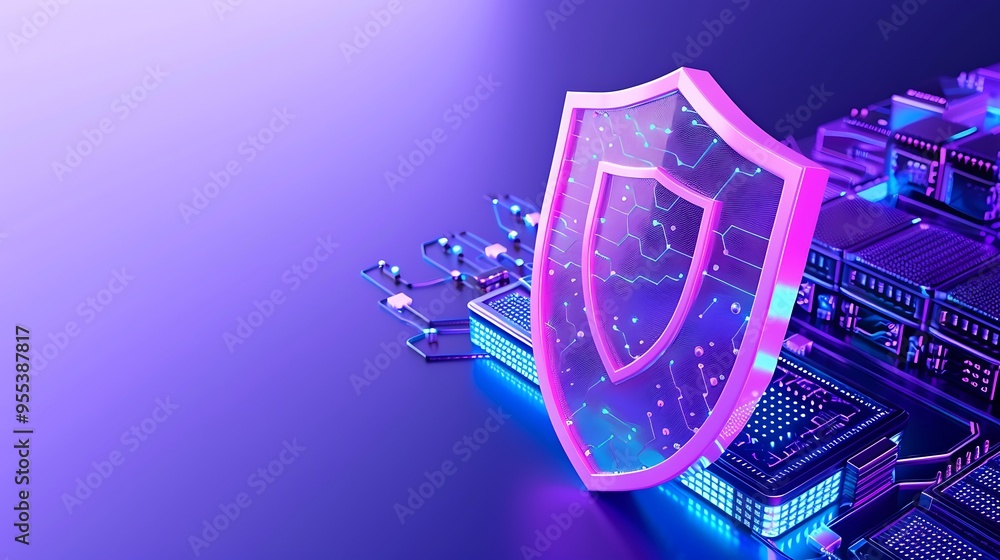 Poster cybersecurity shield protecting digital network with neon lights, representing online security and d