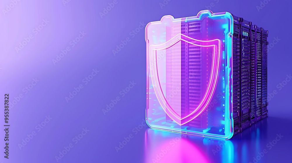 Poster cybersecurity symbol with neon shield protecting server, representing data protection and secure inf