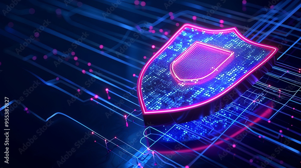 Aufkleber cybersecurity shield with neon lights on a digital network background symbolizing advanced technolog