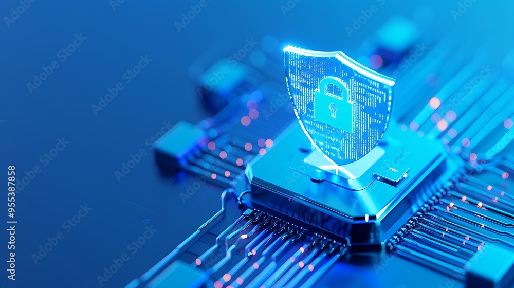 Poster cybersecurity technology concept with a glowing lock shield icon on a microchip, emphasizing data pr