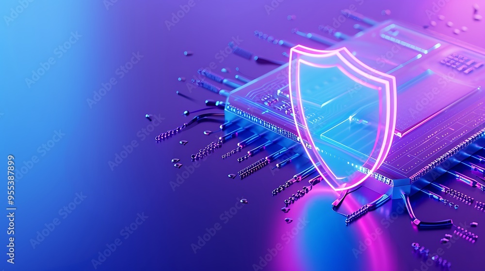 Poster cybersecurity technology concept with bright neon shield icon hovering over circuit board, represent