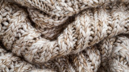 closeup of chunky knit wool texture soft beige and gray tones visible loops and intricate patterns cozy warm feel