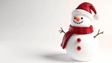Festive Jolly Snowman Character in Red Hat and Scarf with Snowy Outdoor Background