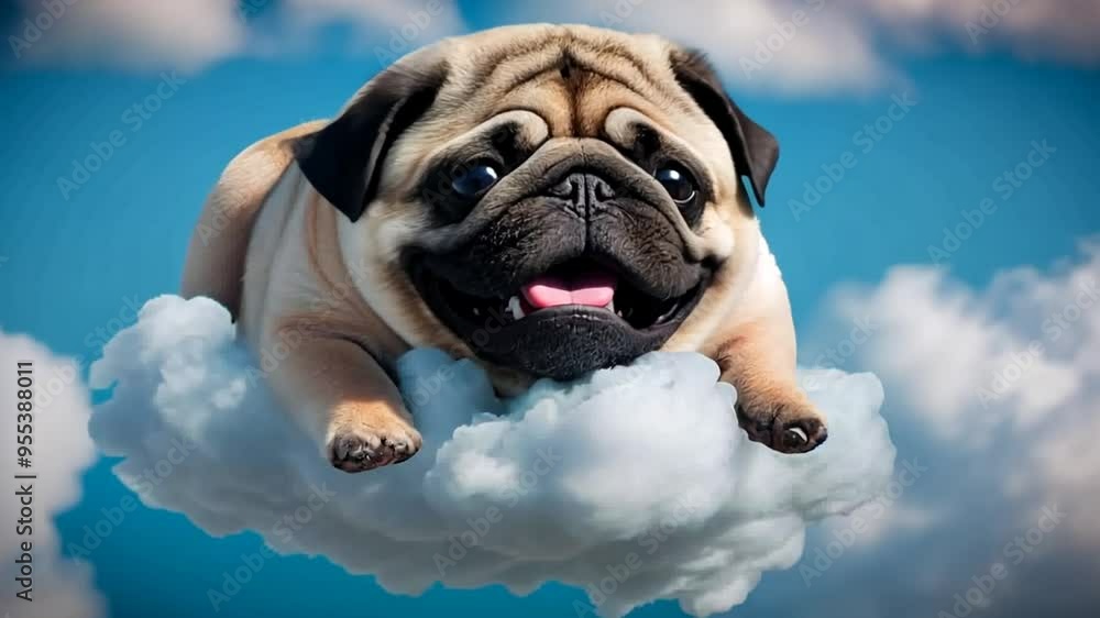 Aufkleber joyful pug resting and floating peacefully on a fluffy cloud generative ai