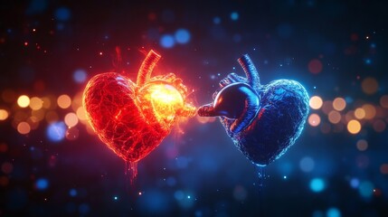 A glowing red heart symbolizes life and vitality, while a blue heart represents a new beginning. The two hearts are connected by a beam of light, symbolizing the hope and promise of a successful heart