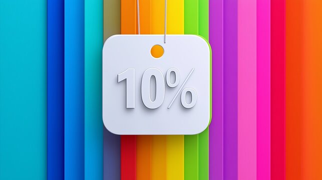 A white sign with a 10 percent discount is hanging from a colorful background. The sign is placed in the middle of the background, and the colors of the background are vibrant and varied