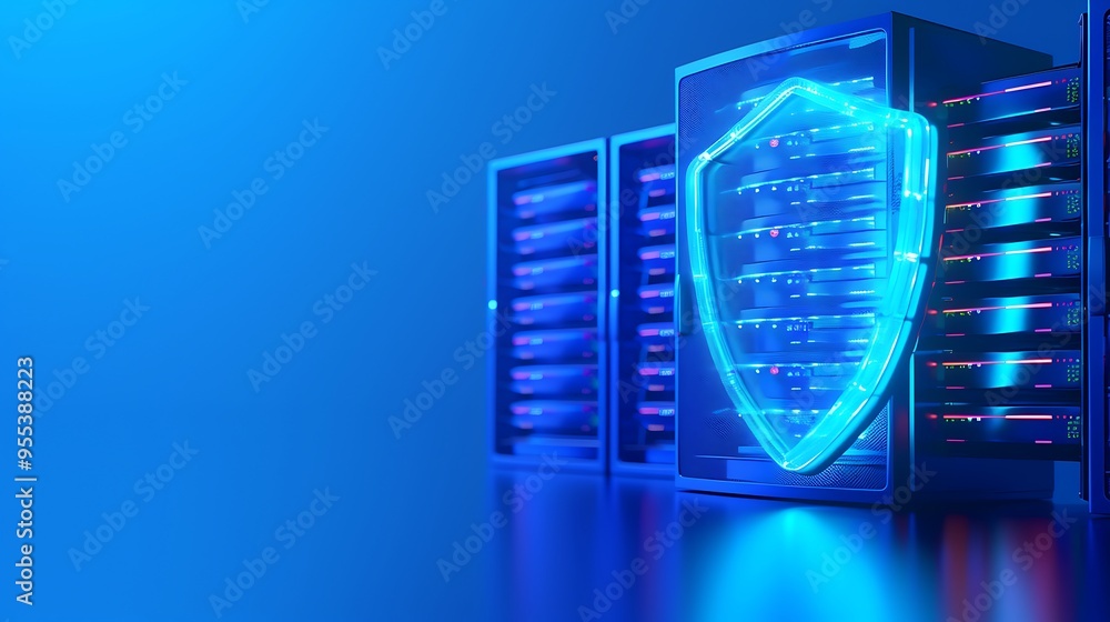 Poster data center server racks with a digital security shield, highlighting cybersecurity and data protect