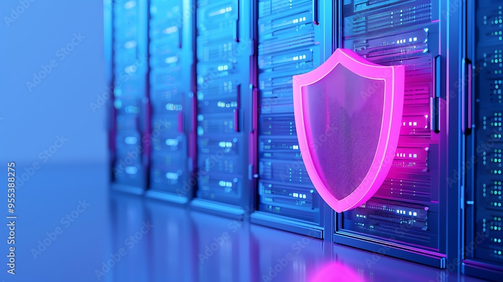 Poster data center server row with illuminated shield symbolizing cybersecurity protection in a high-tech e