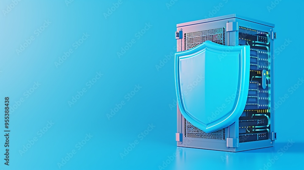 Poster data protection concept showing a server with a shield symbolizing cybersecurity and information sec