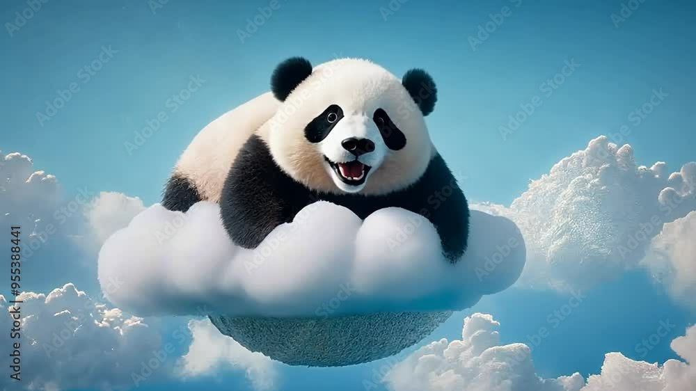 Aufkleber joyful panda floating on a fluffy cloud in a sunny sky generative ai