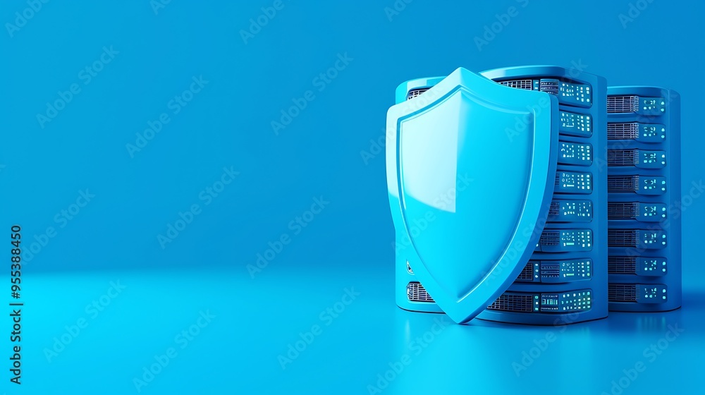 Poster data protection and cybersecurity concept. blue shield icon standing in front of server stacks in a 
