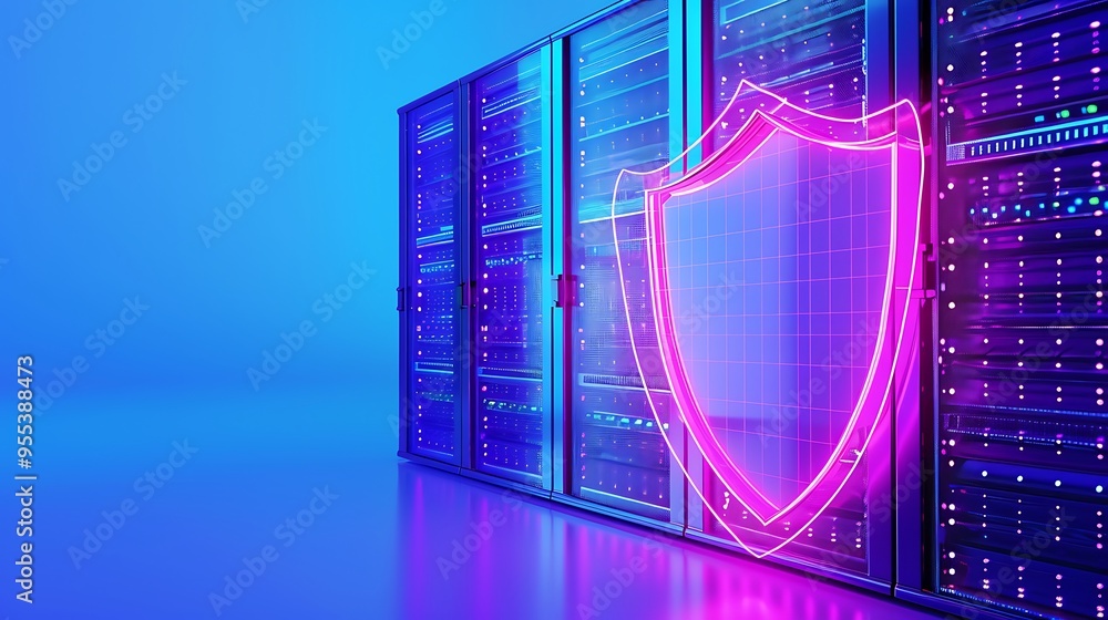 Poster data center with illuminated shield icon, representing cybersecurity and data protection. blue and p