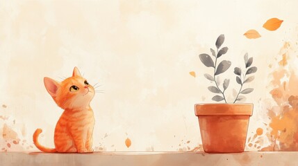 Orange cat cartoon in pot on a subtle light brown watercolor backdrop