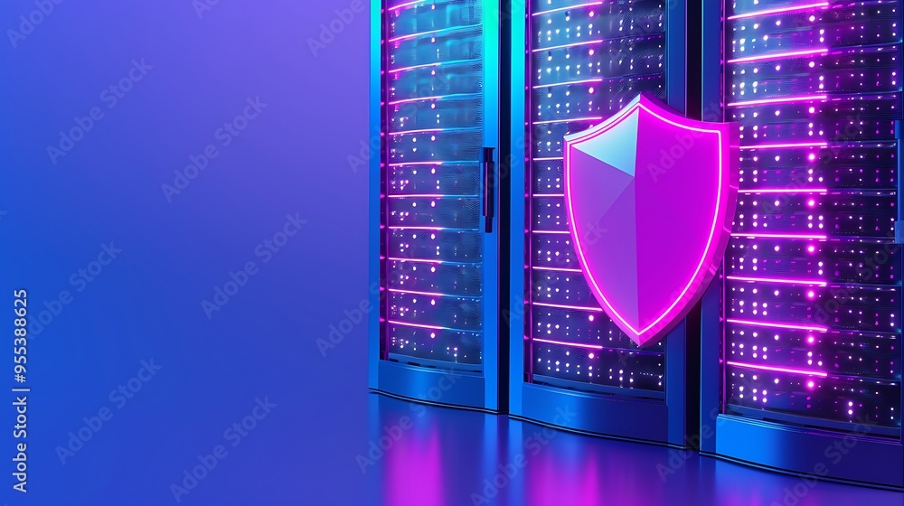Poster data protection concept with a pink security shield in front of computer servers in a modern data ce