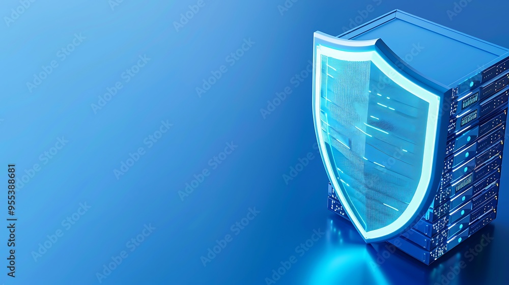 Poster data protection concept with a server stack and shield symbol on blue background representing cybers