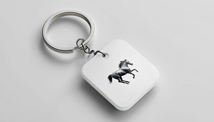 Keychain on white background, elegant equine silhouette keyring, monochrome mustang key fob design

