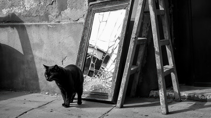 malchance et superstitions : un chat noir à côté d'une échelle et d'un miroir cassé