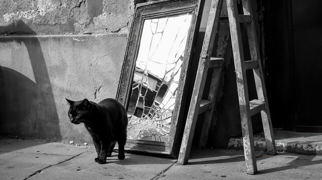 malchance et superstitions : un chat noir &agrave; c&ocirc;t&eacute; d'une &eacute;chelle et d'un miroir cass&eacute;