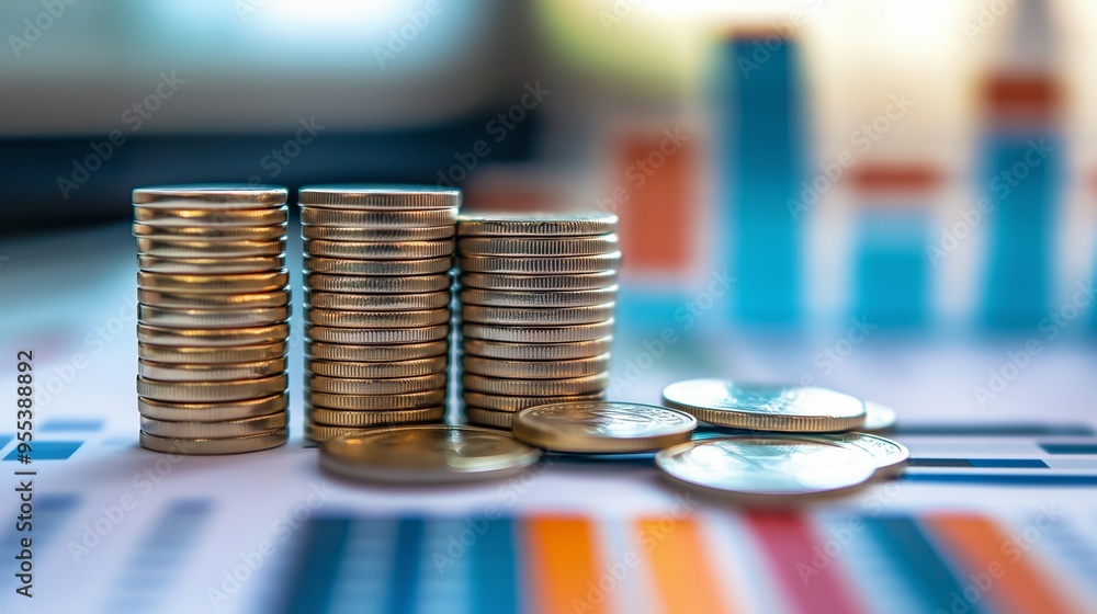 Poster stacks of coins on a financial report showing charts and graphs in a bright office environment durin