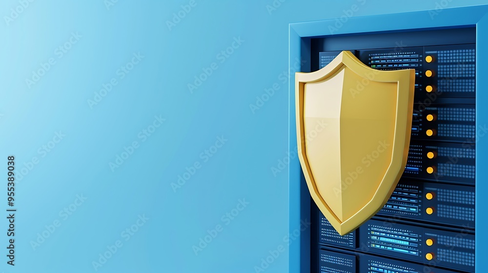 Poster data security concept. a golden shield protects a server in a data center, emphasizing cybersecurity
