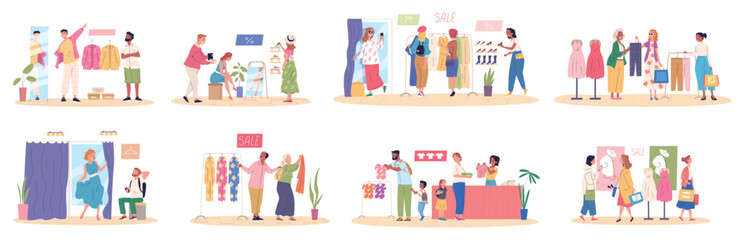 Buyers in clothes store. Friends shopping fashionable boutique, customer purchase casual cloth dress happy shopaholic and seller apparel garment market, classy vector illustration
