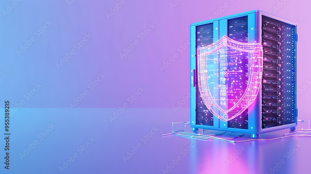 Poster data security concept with a neon shield protecting server racks in a futuristic data center. cybers