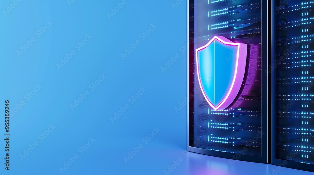 Poster data security concept with a neon shield symbol and server background, representing cybersecurity an
