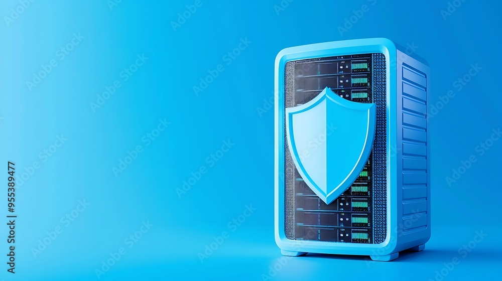 Poster data security concept with a server protected by a shield on a blue background, representing cyberse