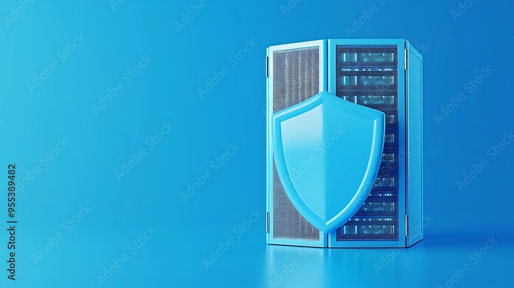 Aufkleber data security concept with a server and protective shield, representing cybersecurity, data protecti