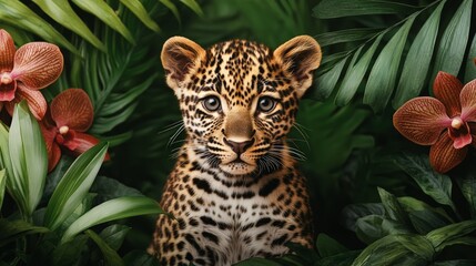 Adorable baby leopard in a dense jungle