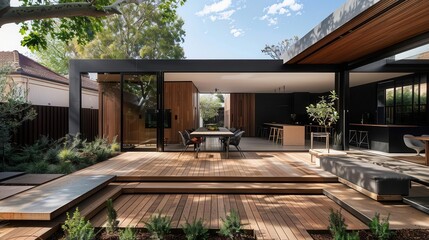 Fototapeta premium contemporary melbourne home extension with sleek deck and zen courtyard garden