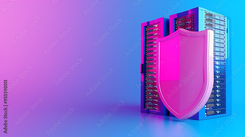 Poster data security concept with servers and shield, offering protection and cybersecurity in a futuristic