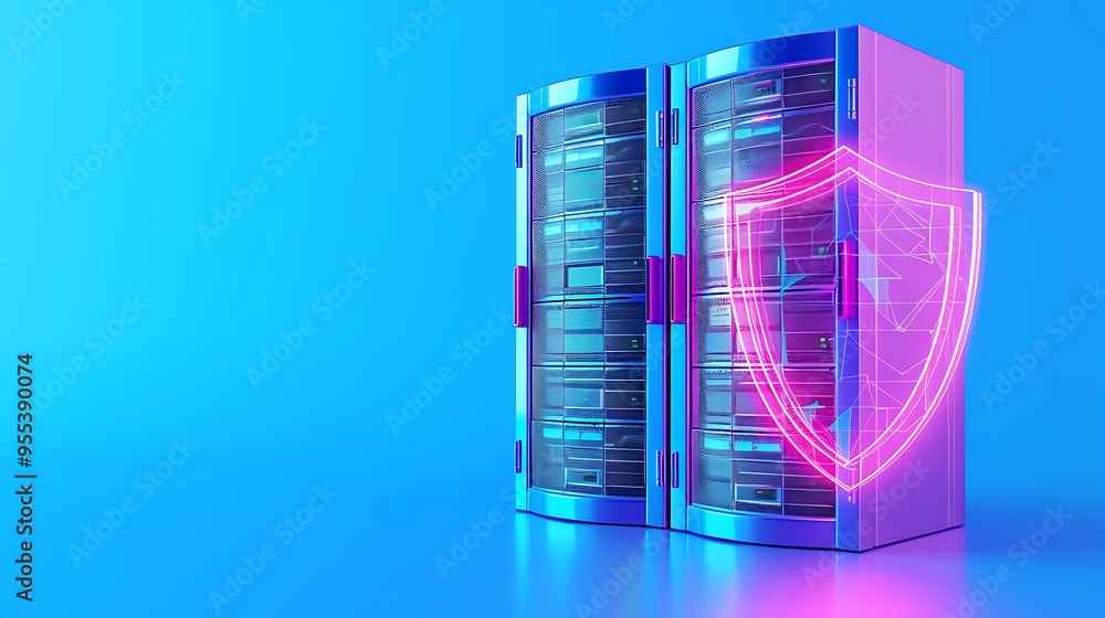 Poster data security concept with server racks and a glowing shield icon, symbolizing cybersecurity and inf