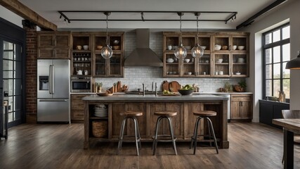 A kitchen with a large island and wooden cabinets. Interior Design, Luxury Decor