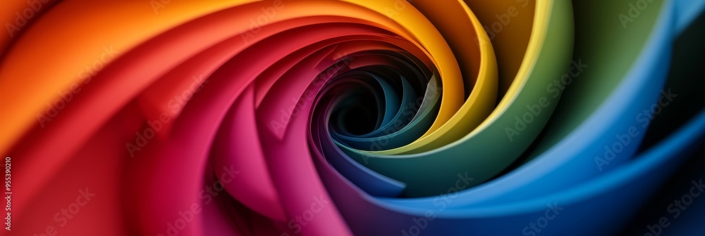 Poster a mesmerizing abstract image of a colorful spiral hallway leading to a dark center. the swirling pat