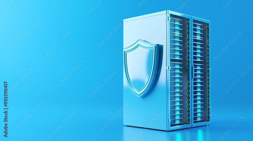 Poster data server protected with a shield symbol on a blue background, representing cybersecurity, data pr