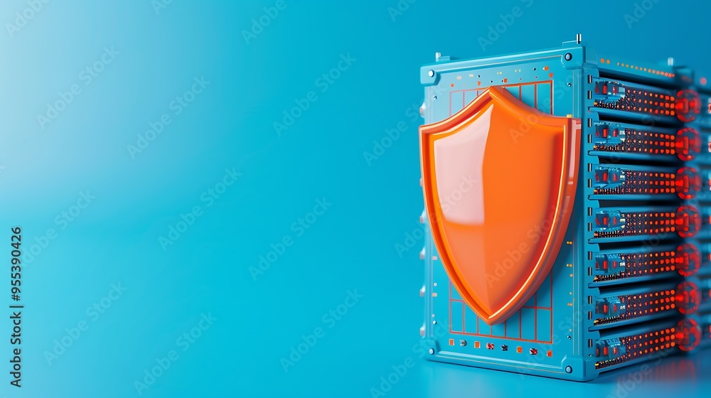 Poster data server protected with an orange shield symbol, representing cybersecurity and data protection o