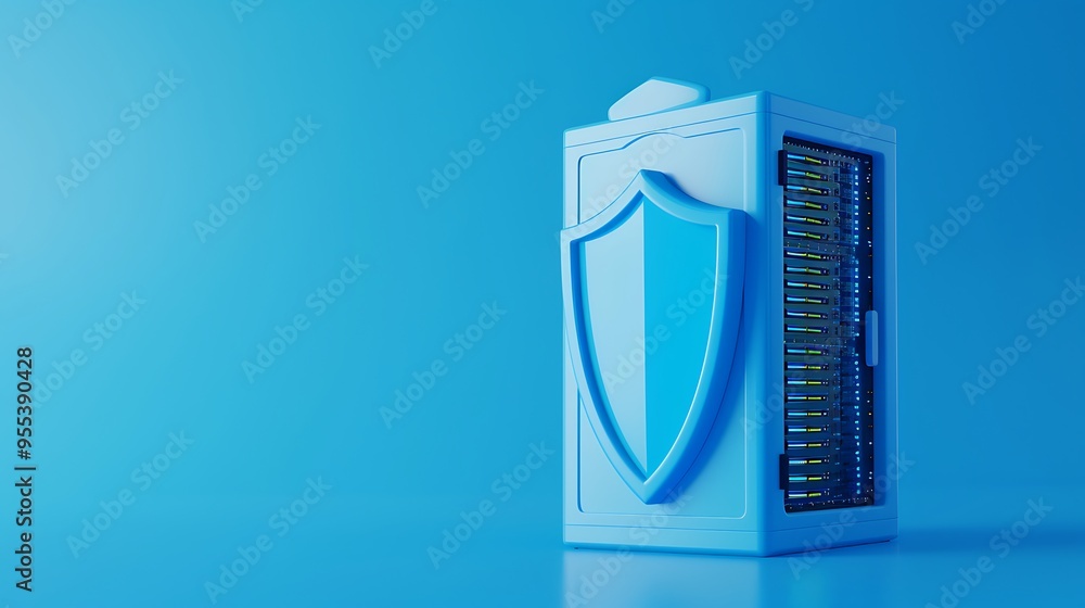 Poster data server rack shielded with a blue security shield on a blue background, representing cybersecuri