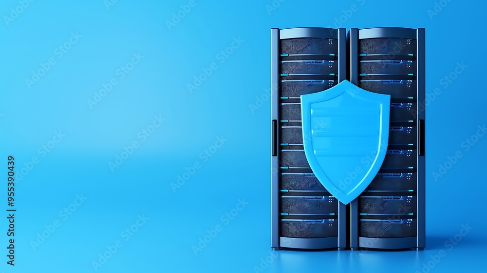 Poster data server protection concept with shield and server racks on blue background, symbolizing cybersec