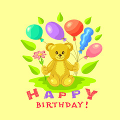 A cute bear cub is sitting with colorful balloons and a flower in its paw in a composition of petals on a yellow square background with the inscription Happy BIRTHDAY. Cards. Vector illustration.