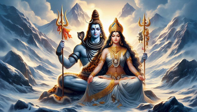 Hindu god Shiva or shiv with Parvati meditating on Mount Kailash in the Himalayas