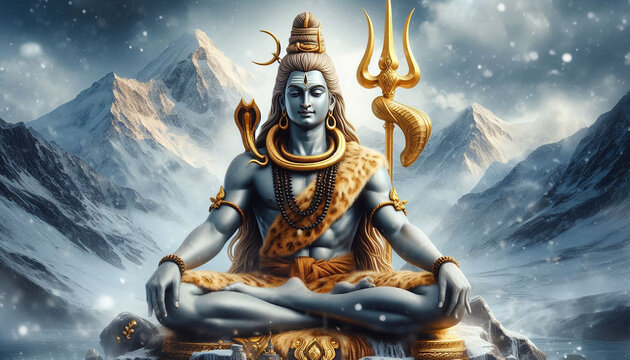 Hindu god Shiva or shiv meditating on Mount Kailash in the Himalayas