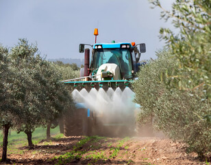 A tractor is spraying a field of olive trees